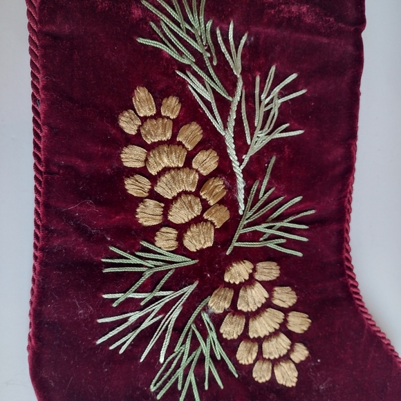 Martha Stewart Christmas Stocking Decoration in Burgundy with Gold Pinecones. - Picture 3 of 4